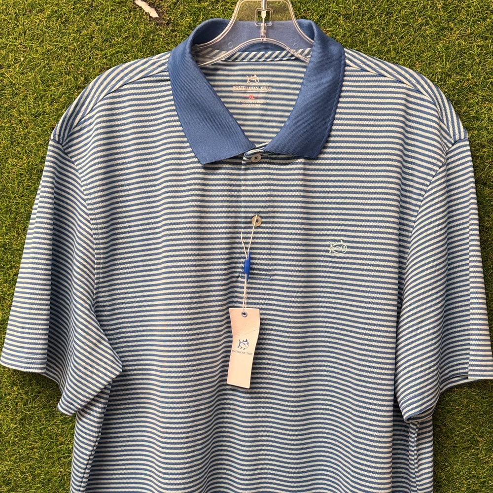 Southern Tide Navy and White Striped Polo